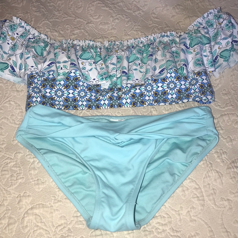 Blue 2 piece off the shoulder bikini.